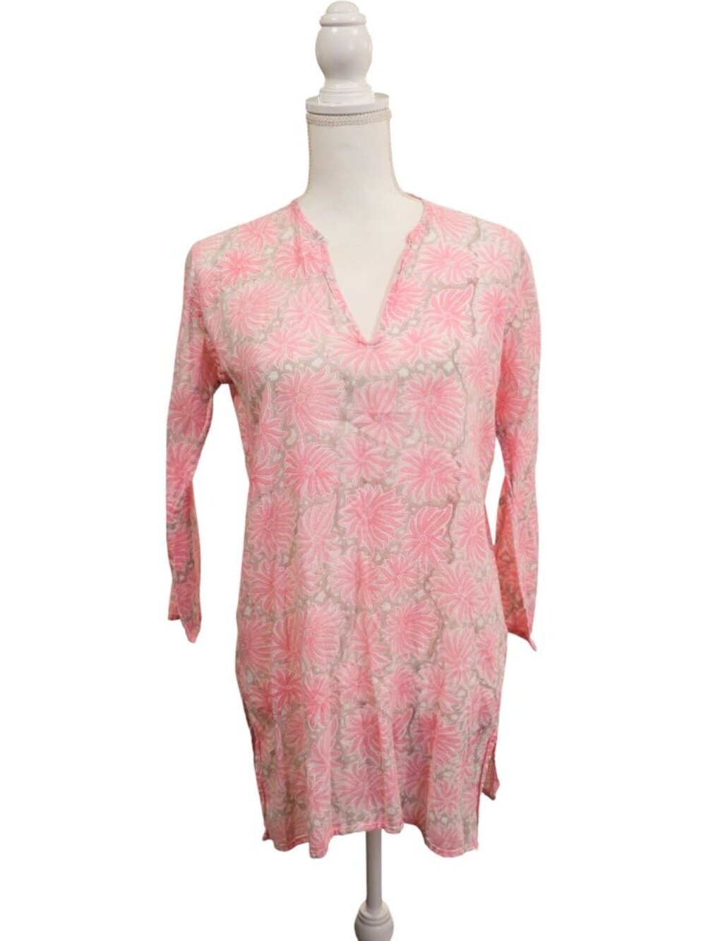 Roller Rabbit Pink Floral Tunic Top 100% Cotton Long Sleeve Size S